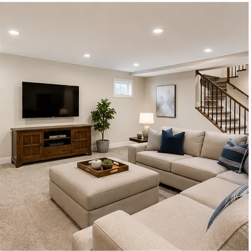 Finished basement family room in a Hutchinson home