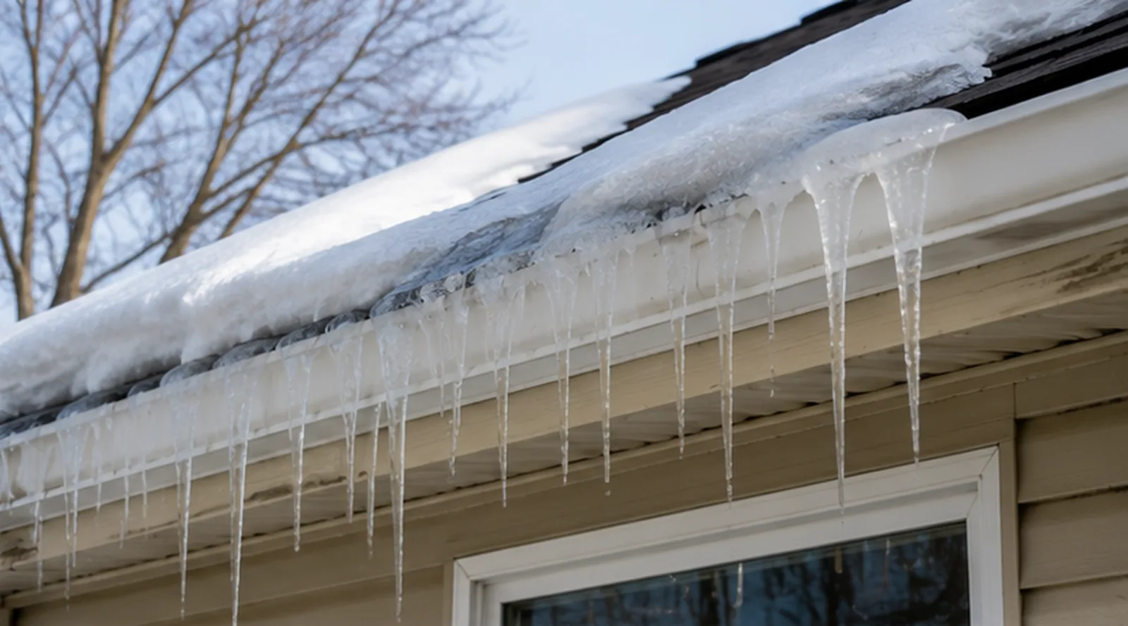 Ice dam on a Hutchinson, MN roof eave