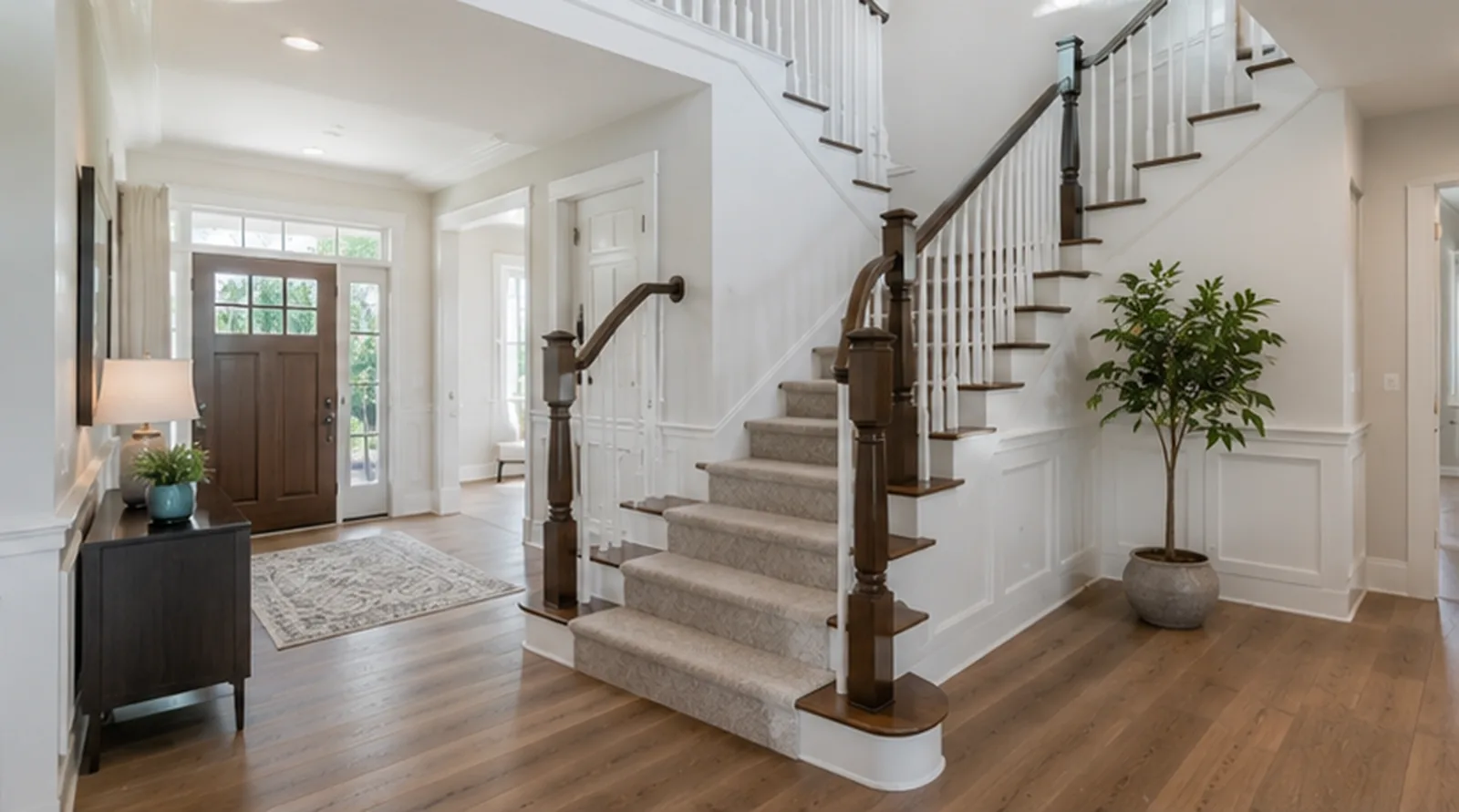 Staircase and entryway foyer in a Hutchinson home